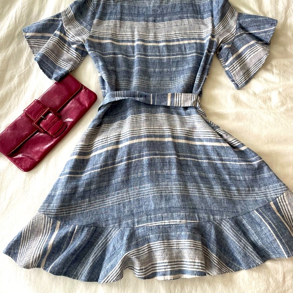 Chambray striped mini wrap dress with flutter sleeve. Size S. - Picture 2 of 4